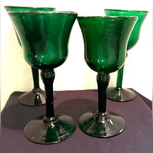 4 green glass hand blown glasses. 8oz.  7.5”H